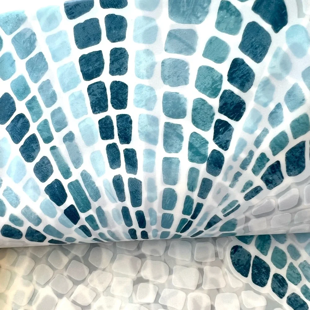 Blue Mosaic Tile Scallop Seashells Peva Shower Curtain Beach Nautical Coastal